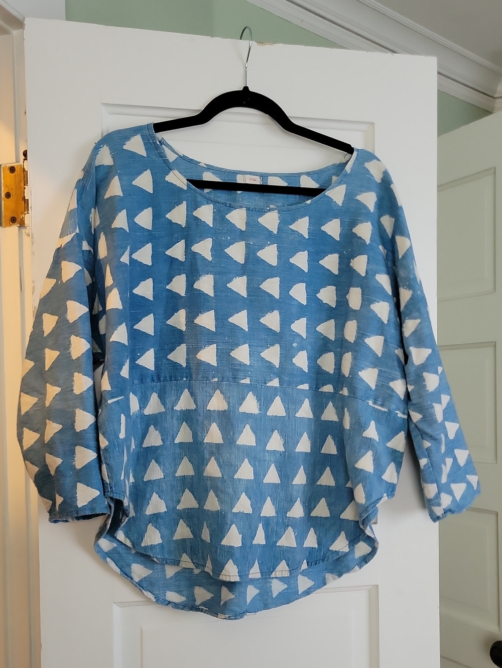 PO-EM Block Print Slub Blue Graphic Triangle Tunic Sera Top - Free Size